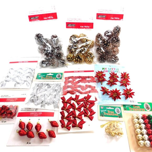 Lot of Metallic Christmas Package Wrapping Mini Decorations Bows Bulbs Ornaments - Picture 1 of 8